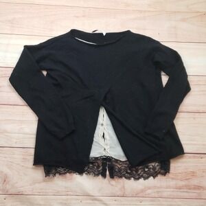 KaOS Sweater Womens M Black Lace Hem Back Button Insert Pullover Made In Italy
